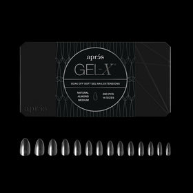APRÉS front packaging of Gel-X Almond tips showing 280 count benefits