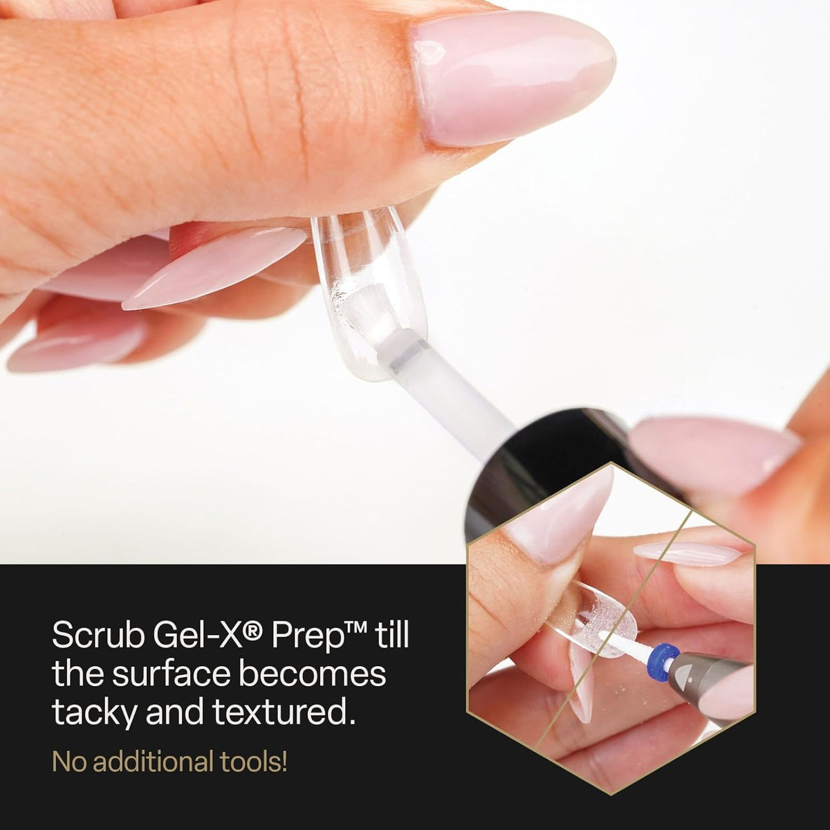 APRÉS Gel‑X Prep treating the inside of a Gel‑X tip to boost adhesion and reduce lift