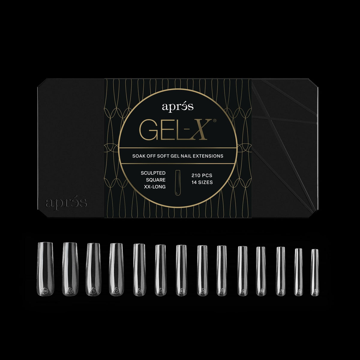 APRÉS front view of boxed Gel-X tips showing 210 soft tips and clean packaging benefit