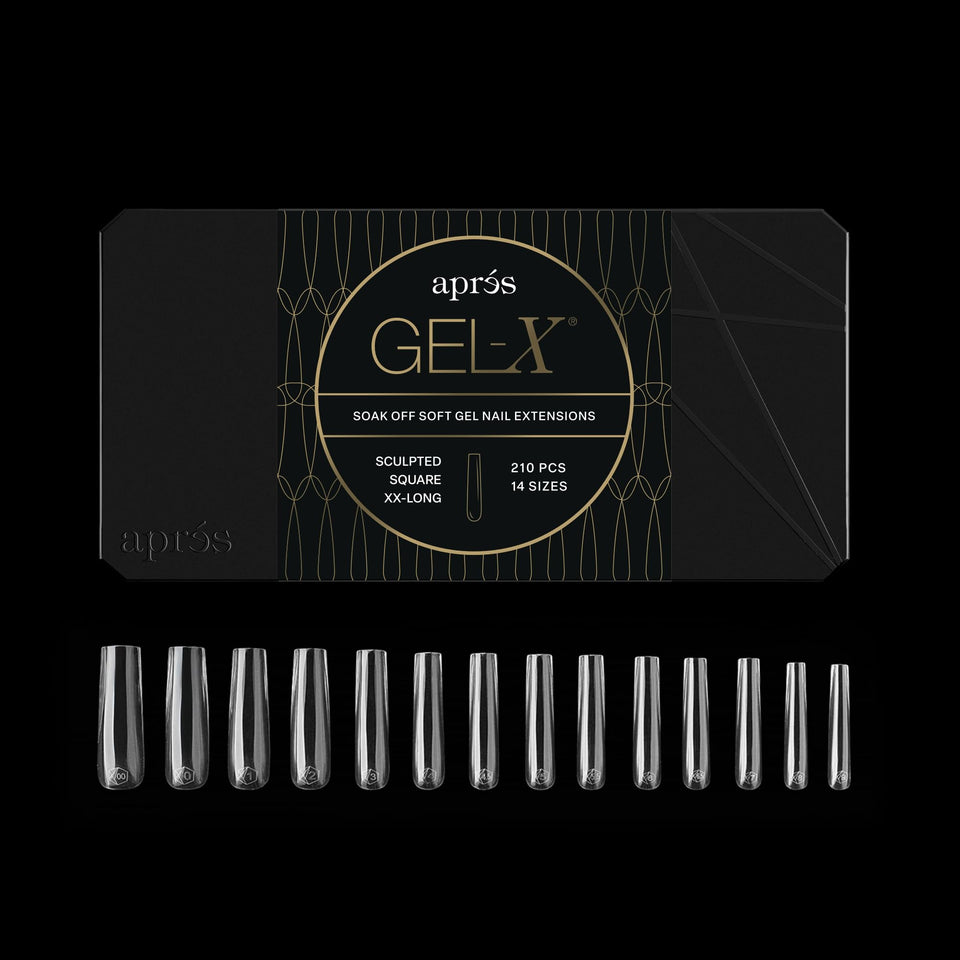 APRÉS front view of boxed Gel-X tips showing 210 soft tips and clean packaging benefit