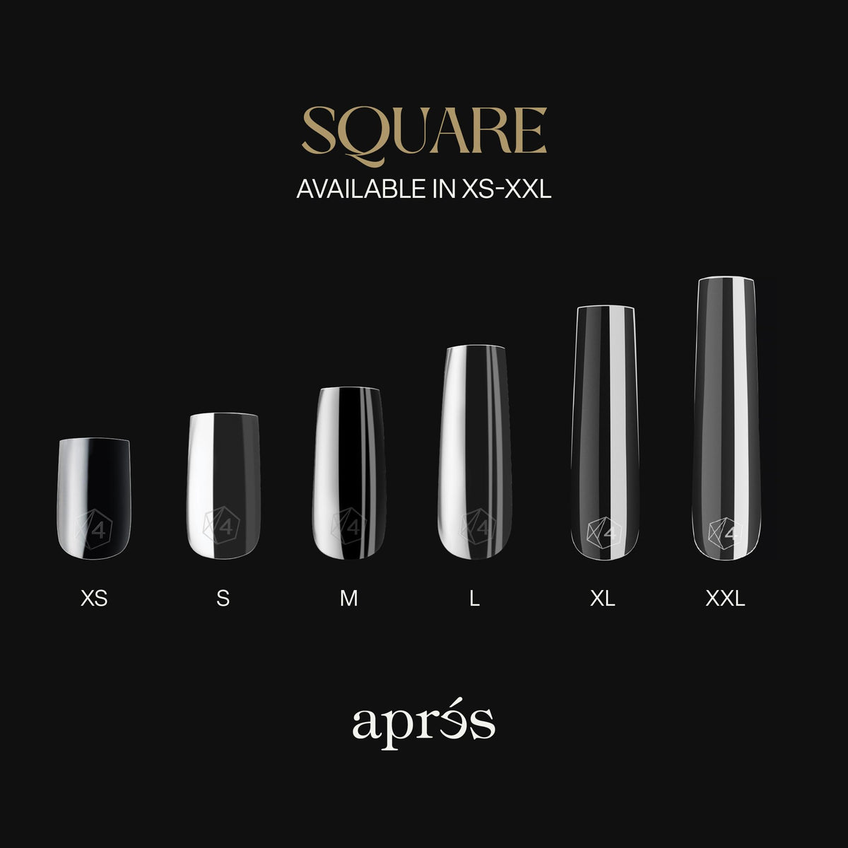APRÉS size chart and label with 14 sizes including half sizes for precise matching