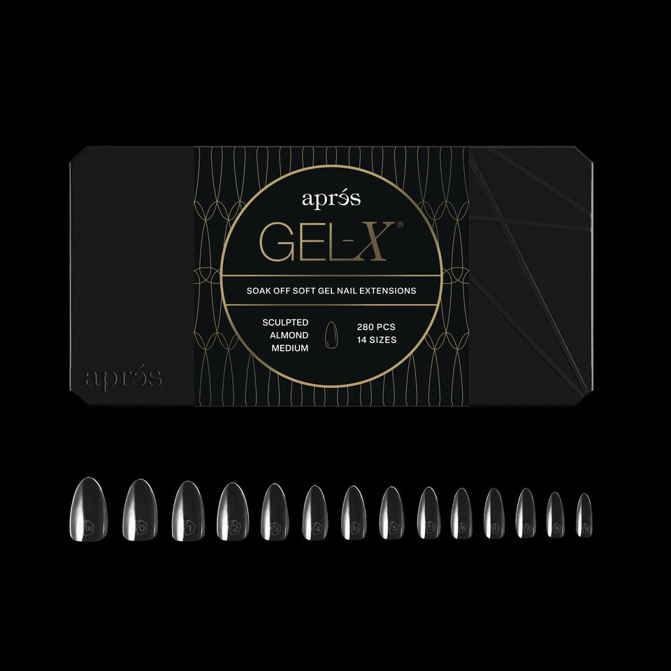 APRÉS box of Gel‑X almond tips showing packaging and quantity benefit