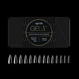 APRÉS Gel‑X box front showing 280 stiletto tips and included sizes for fast restocking