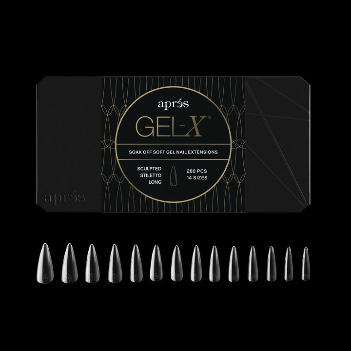 APRÉS Gel‑X box front showing 280 stiletto tips and included sizes for fast restocking
