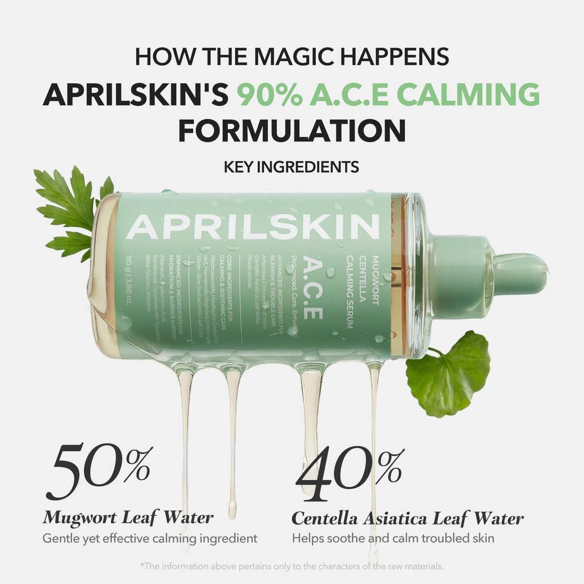 APRILSKIN label close-up highlighting 50% mugwort and 40% centella benefits
