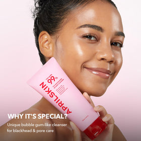 APRILSKIN foamy pink bubble-gum cleanser demonstrating gentle cleanse