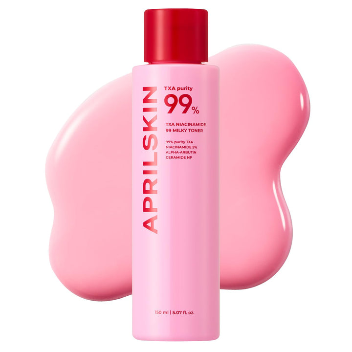 APRILSKIN front bottle of pink milky toner showing sleek label and benefits