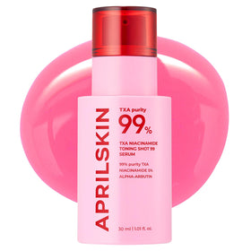 APRILSKIN front bottle showing sleek serum packaging and brand clarity benefit