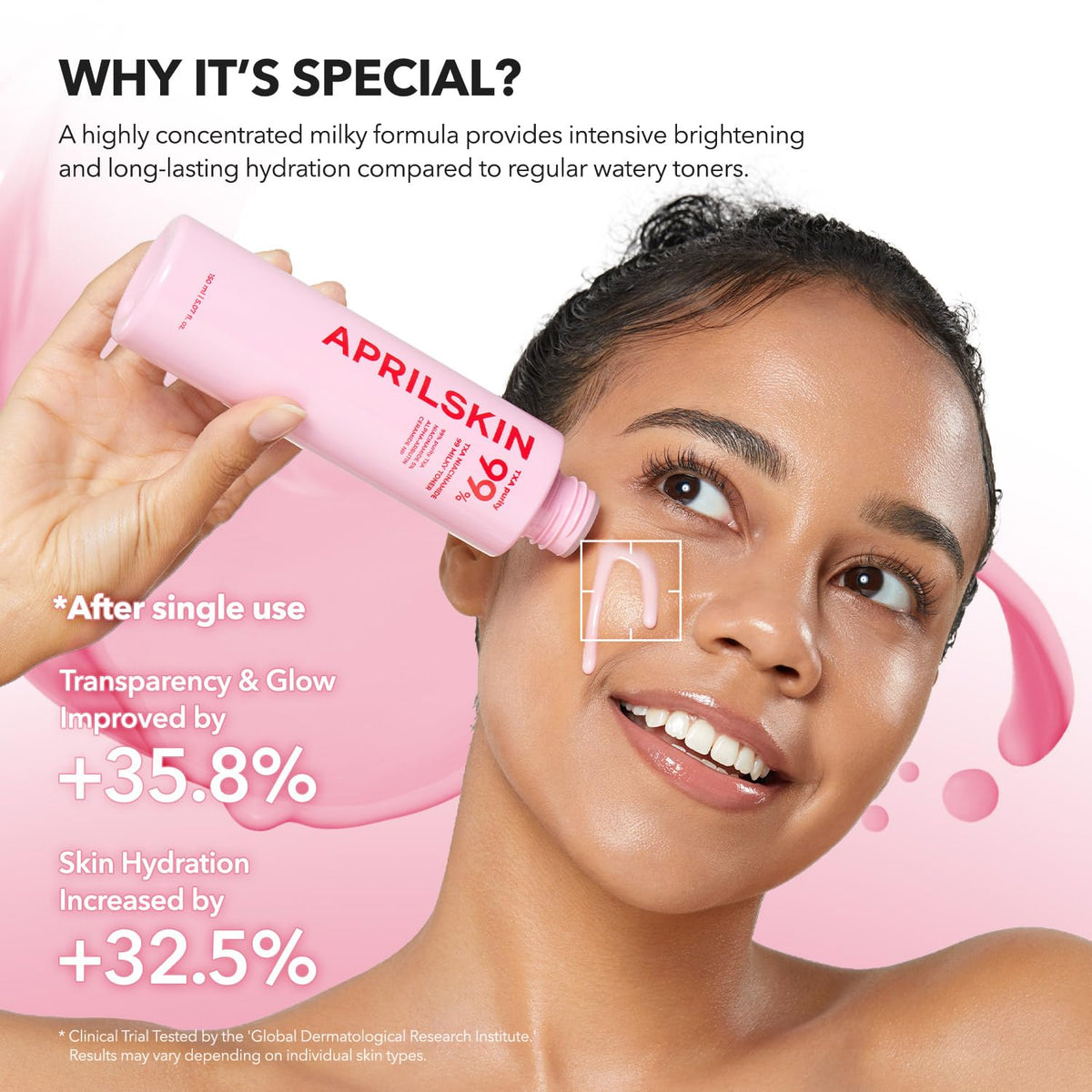 APRILSKIN ingredient panel label showing TXA and niacinamide concentration benefit