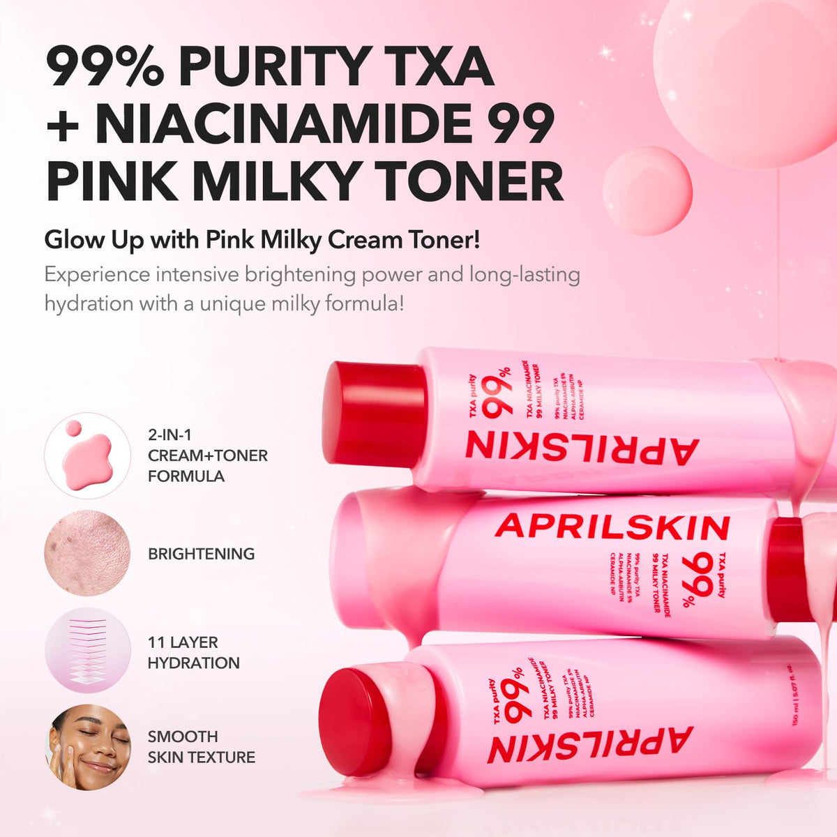APRILSKIN close-up of pink milky texture highlighting fast absorption benefit