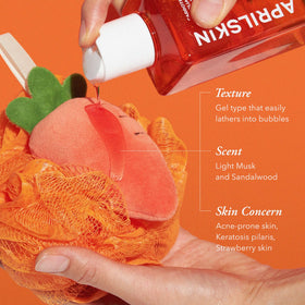 APRILSKIN close-up of pump and label highlighting clean formula and usage convenience