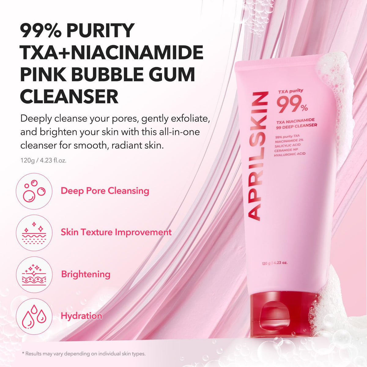 APRILSKIN close-up of chewy pink texture showing impurity lift