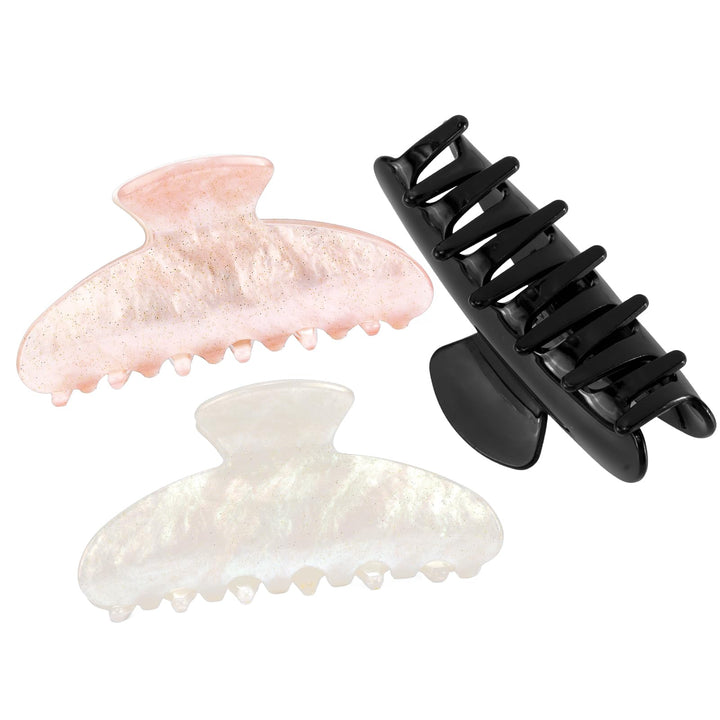 Aprince front view of three marble clips showing colors and shine for versatile style