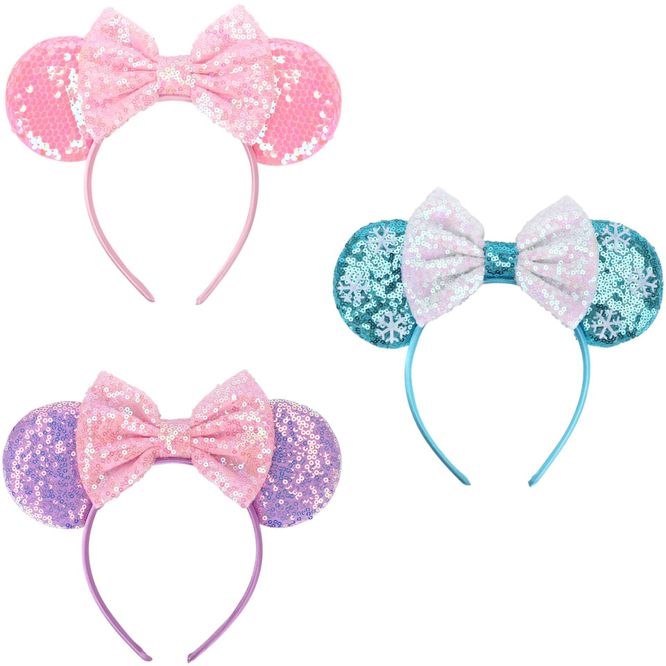 AQOKKA front view sequin mouse ears headband shows playful sparkle and secure fit
