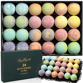 Aqua Elegante front packaging gift-ready set showing 24 bath bombs and branding benefits