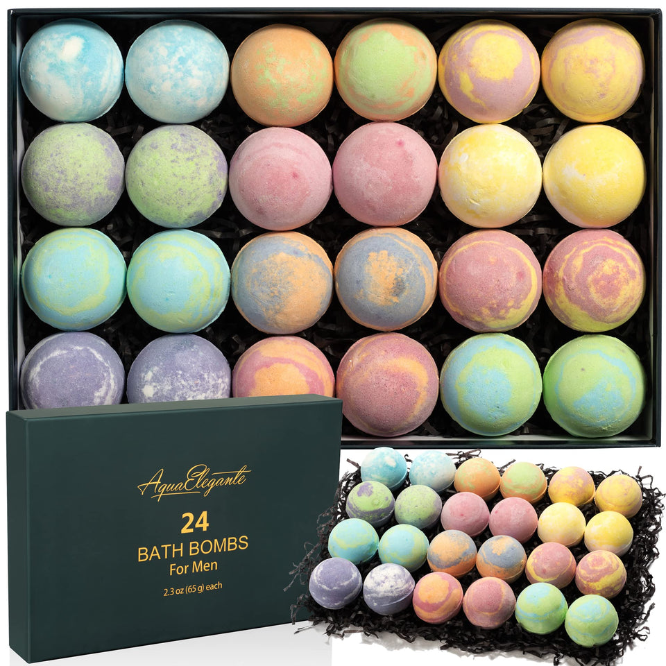 Aqua Elegante front packaging gift-ready set showing 24 bath bombs and branding benefits