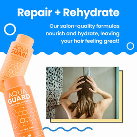 AQUA GUARD label closeup highlighting ingredients and swimmer-safe promise