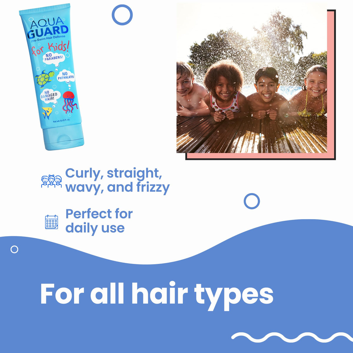 Family by the pool using AQUA GUARD, brand helps preserve hair softness during swim days
