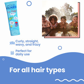 Family by the pool using AQUA GUARD, brand helps preserve hair softness during swim days