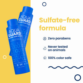 AQUA GUARD bottle in hand to show 16.9 oz scale and travel convenience