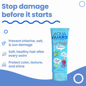 AQUA GUARD texture close-up on fingers, demonstrates smooth leave-in consistency benefit