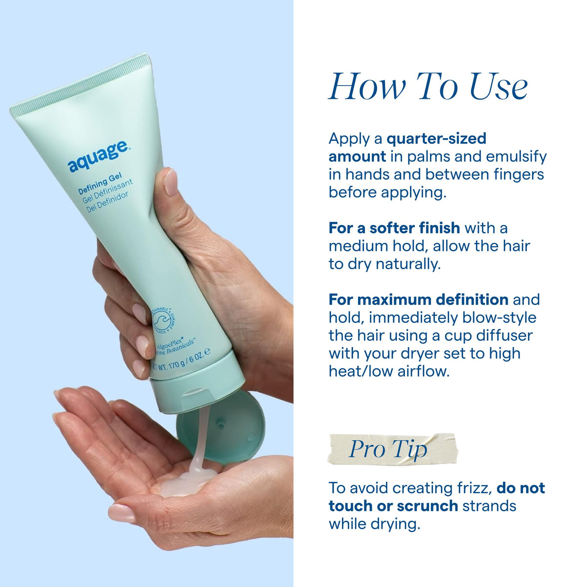 Aquage Defining Gel back label with directions and usage details for proper application