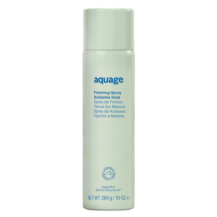 Aquage finishing hairspray front packaging shows clean professional design and benefits