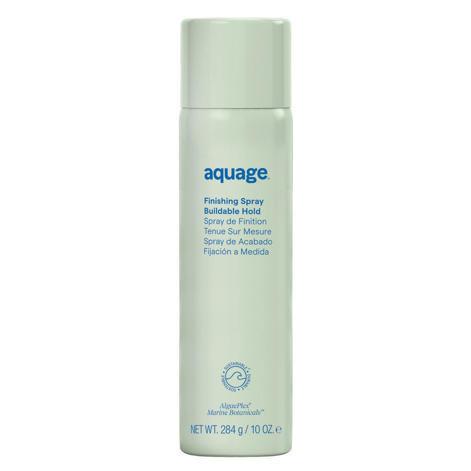 Aquage finishing hairspray front packaging shows clean professional design and benefits