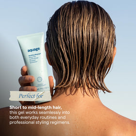 Aquage bottle in hand illustrating 6 fl oz size and portability