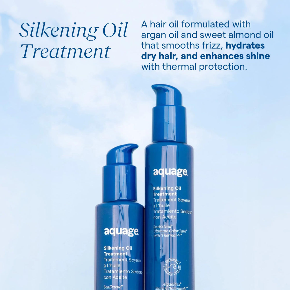 Aquage oil pour texture close-up illustrating weightless, crystal-clear finish for shine
