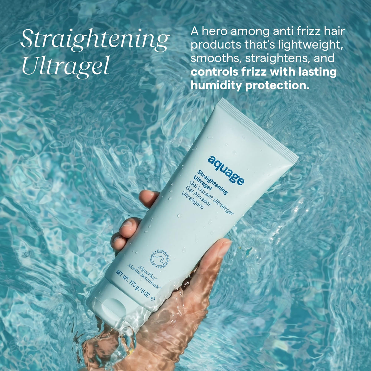 Aquage straightening gel pump and label highlighting salon-grade ingredients and clarity