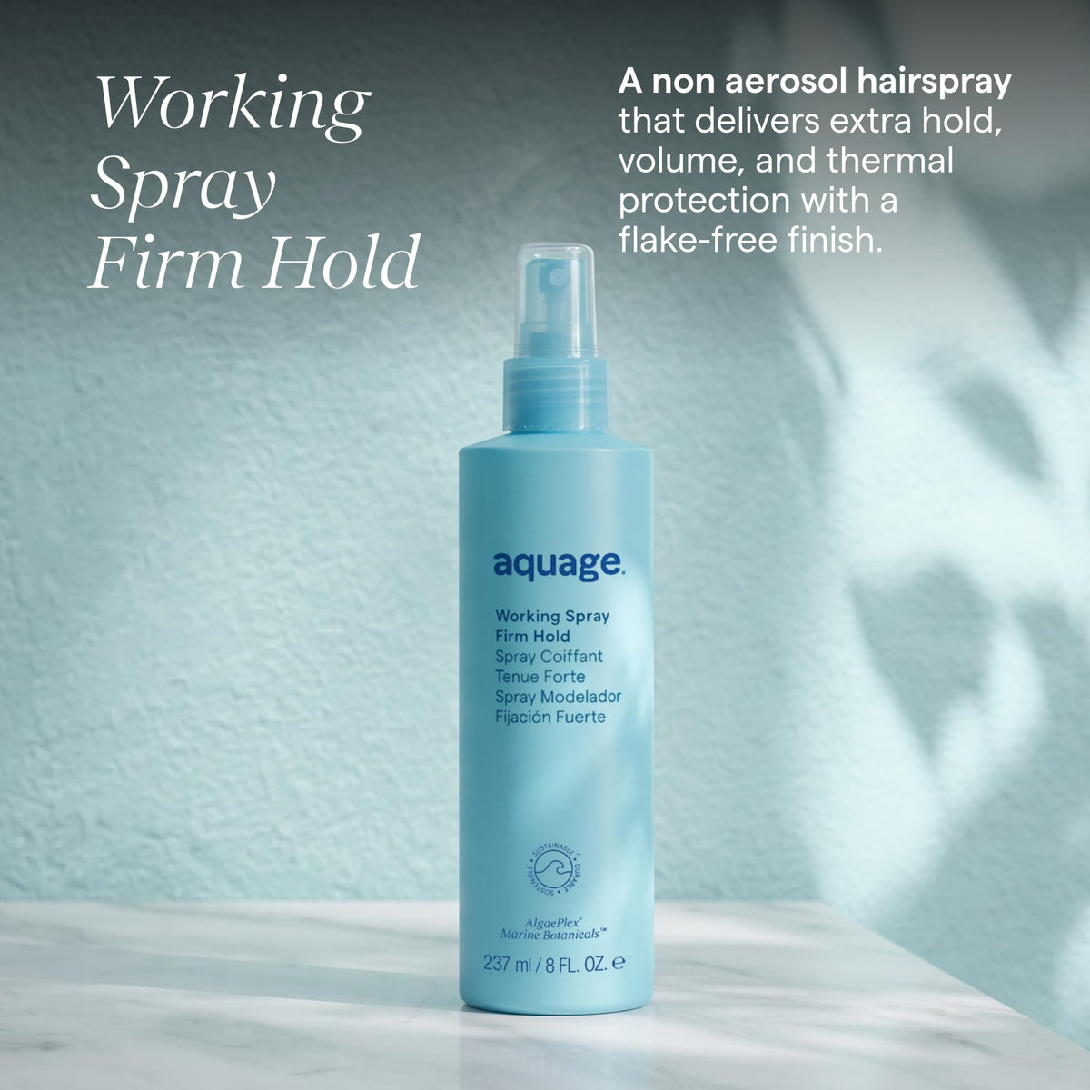 Close up of Aquage label highlighting algaePlex and vegan, sulfate free formula