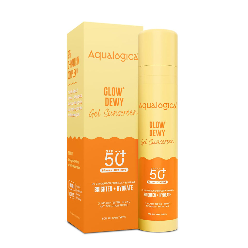 Aqualogica front packaging showing SPF 50+ protection and dewy finish benefit