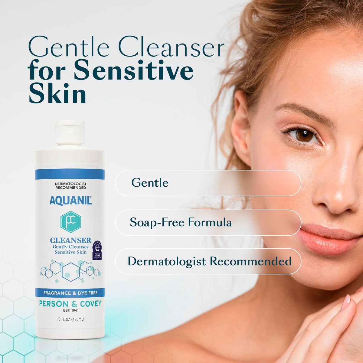 close-up of Aquanil lotion texture, brand smooth feel and lightweight absorption