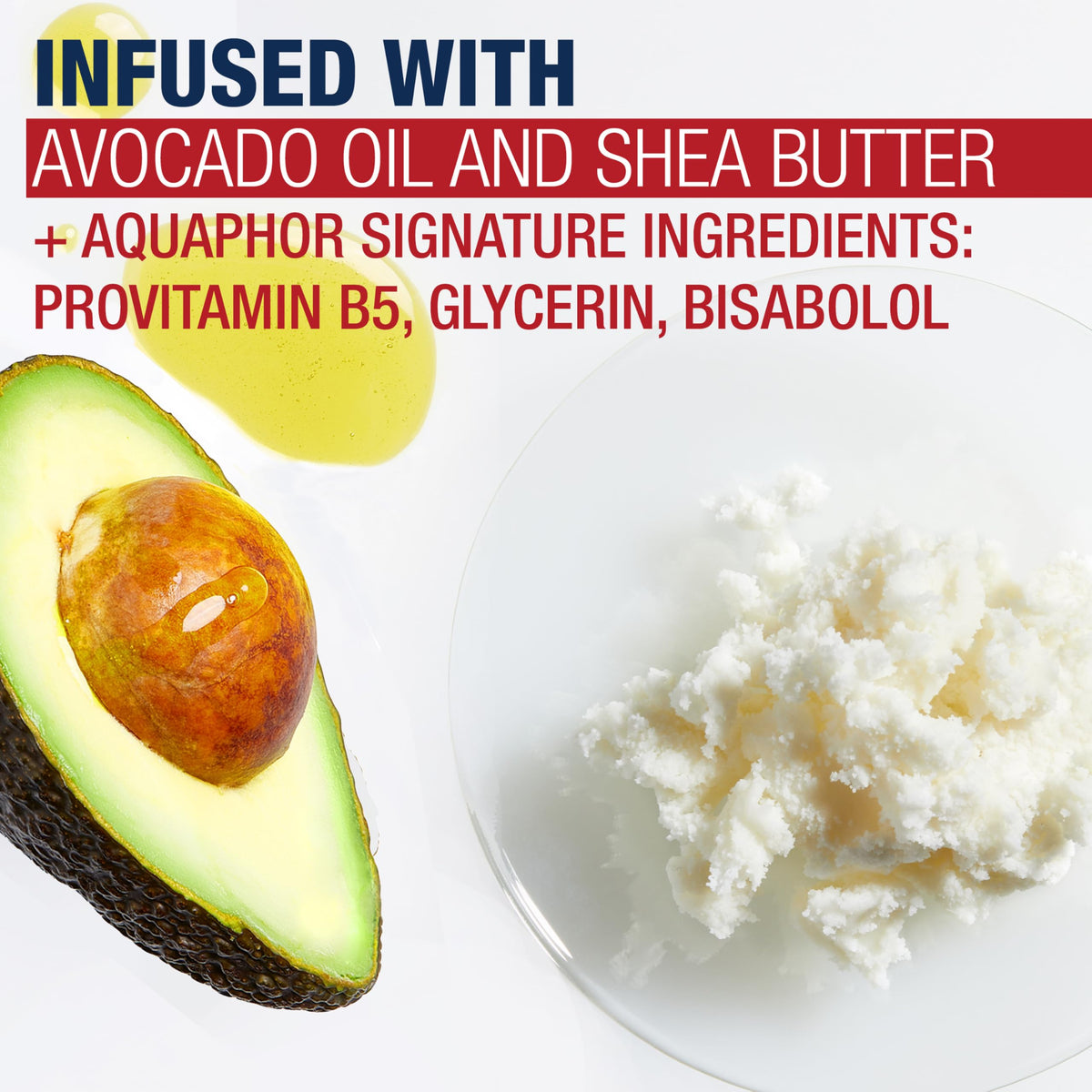 Aquaphor avocado oil and shea butter close-up illustrating nourishing ingredients