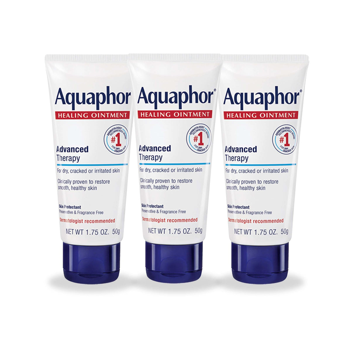 Aquaphor front packaging three-pack showing travel-size tubes and brand