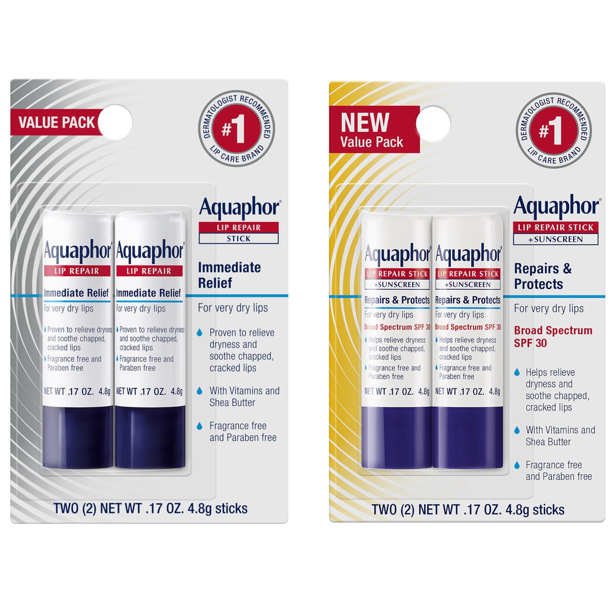 Aquaphor front packaging showing four lip repair sticks and set benefits