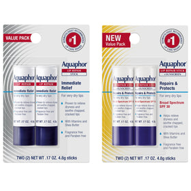 Aquaphor front packaging showing four lip repair sticks and set benefits