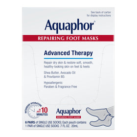 Aquaphor front packaging showing six repairing foot masks and product benefits