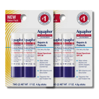 Aquaphor front packaging SPF 30 showing pack of four and protection benefits