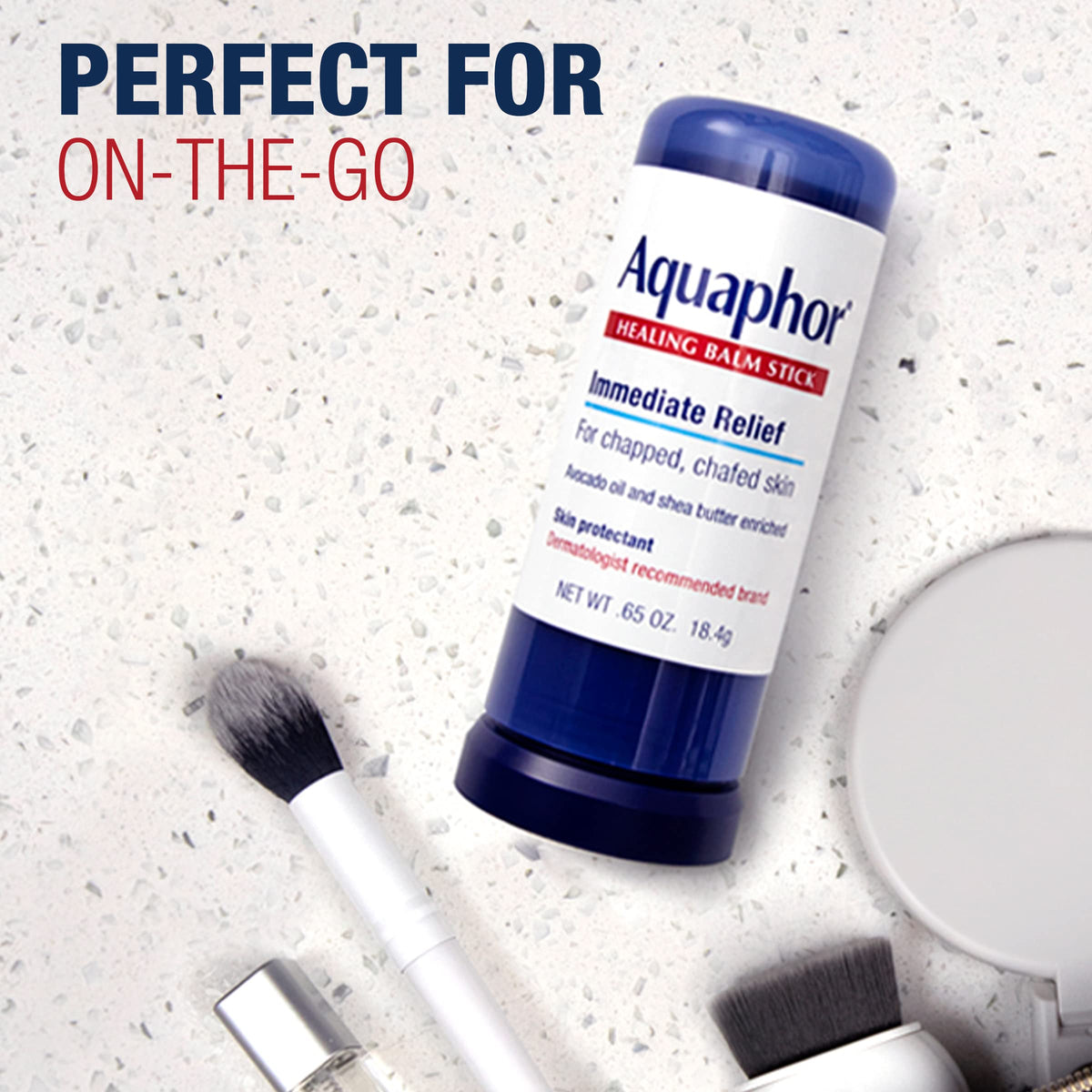 Aquaphor balm stick applied to heel showing barrier protection for cracked skin
