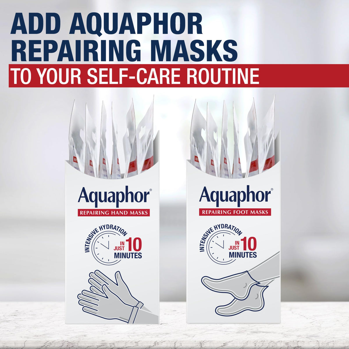 Aquaphor gloves in a bathroom spa setting for at-home self care