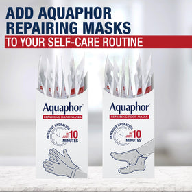 Aquaphor gloves in a bathroom spa setting for at-home self care