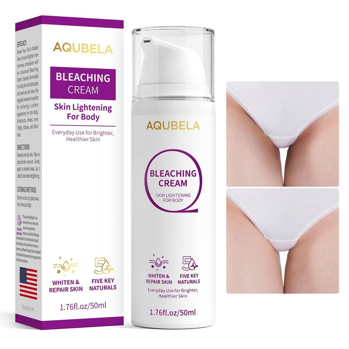 AQUBELA front packaging showing product and benefit of targeted brightening