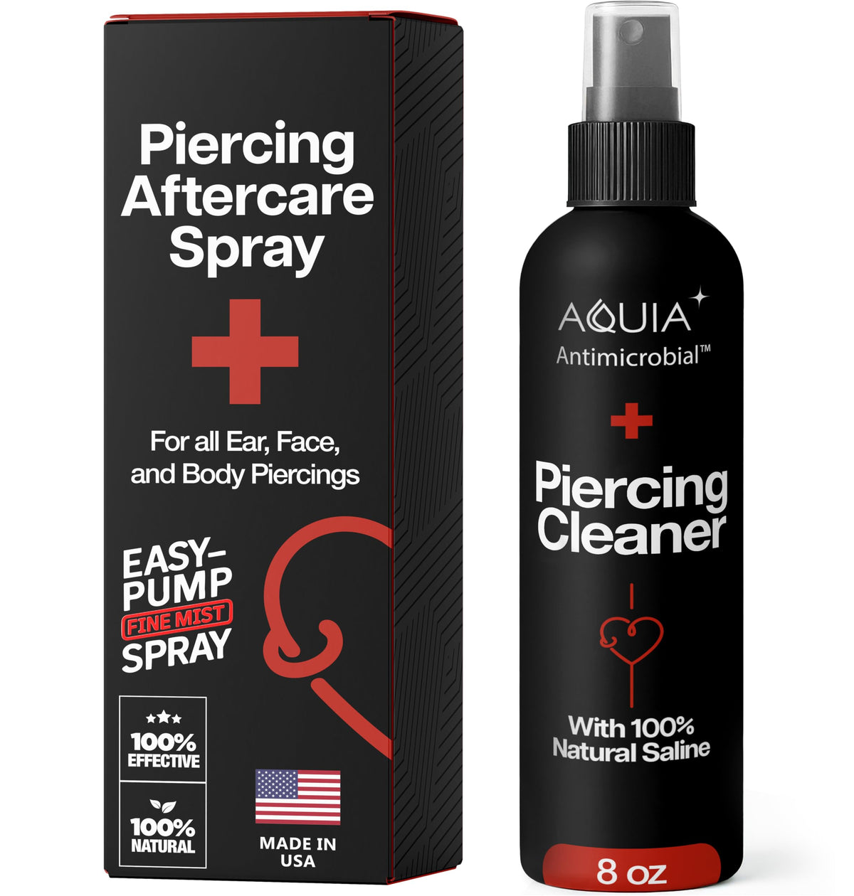 Aquia front bottle shows clear label and 8oz size for easy piercing care