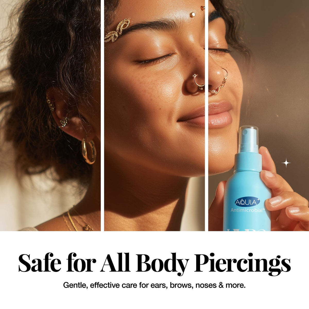 Aquia spray alongside piercing aftercare items supporting safe care