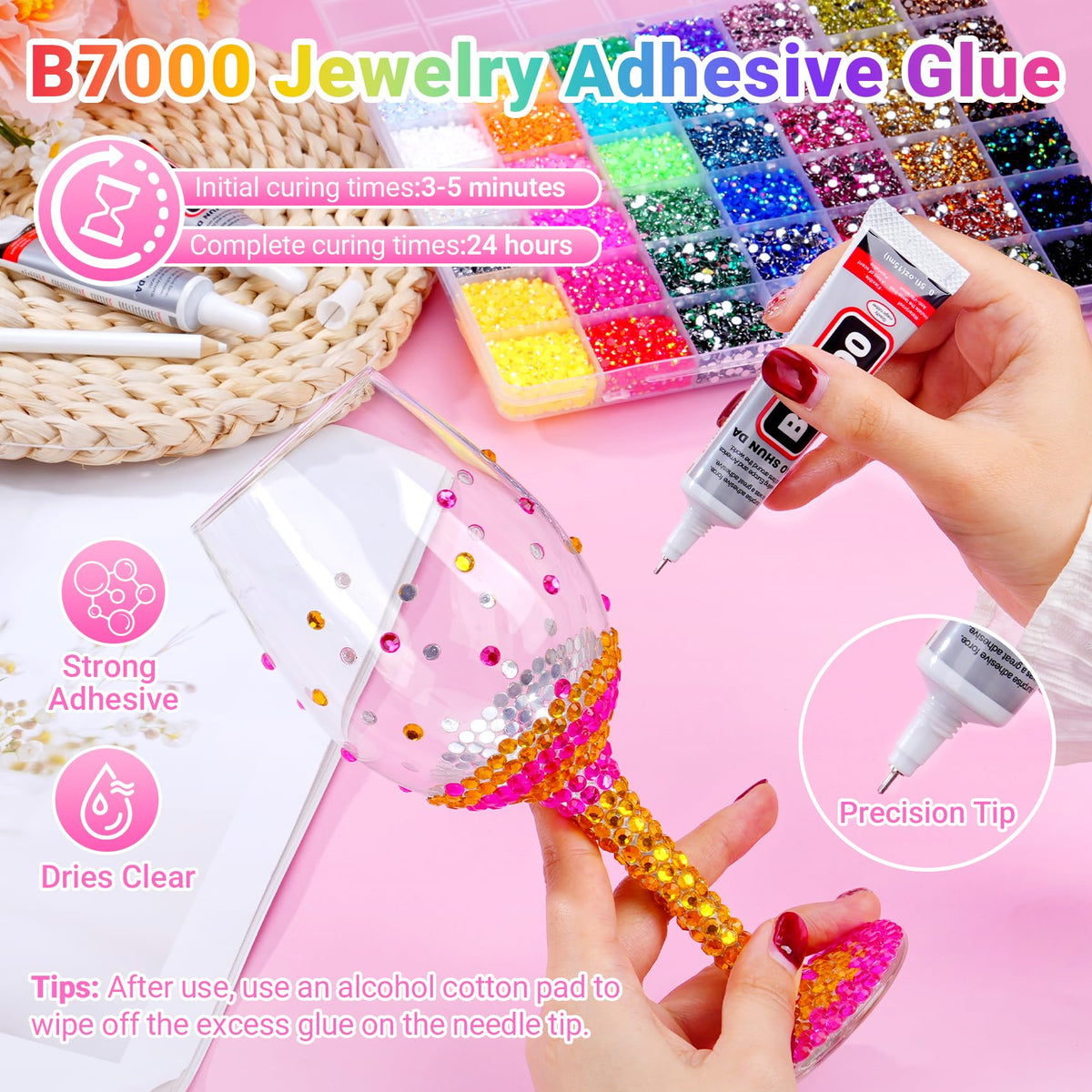 AraKulago tools and glue layout featuring tweezers pickup pen and three 15ml B7000 tubes for precise application