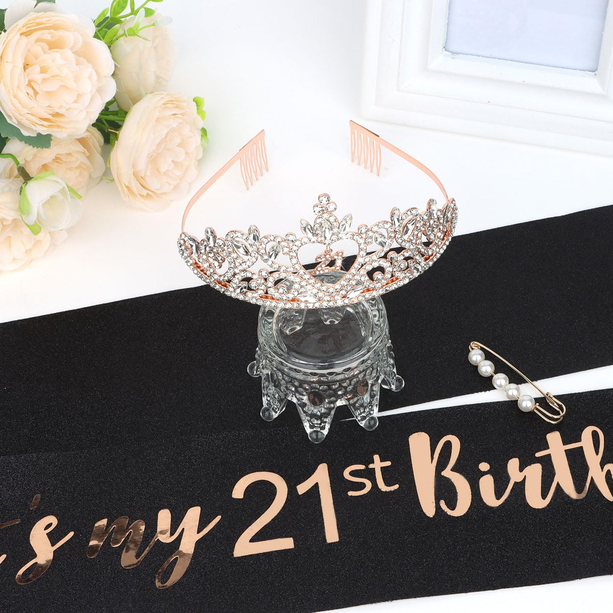 Araluky tiara beside ruler size comparison demonstrating adjustable fit