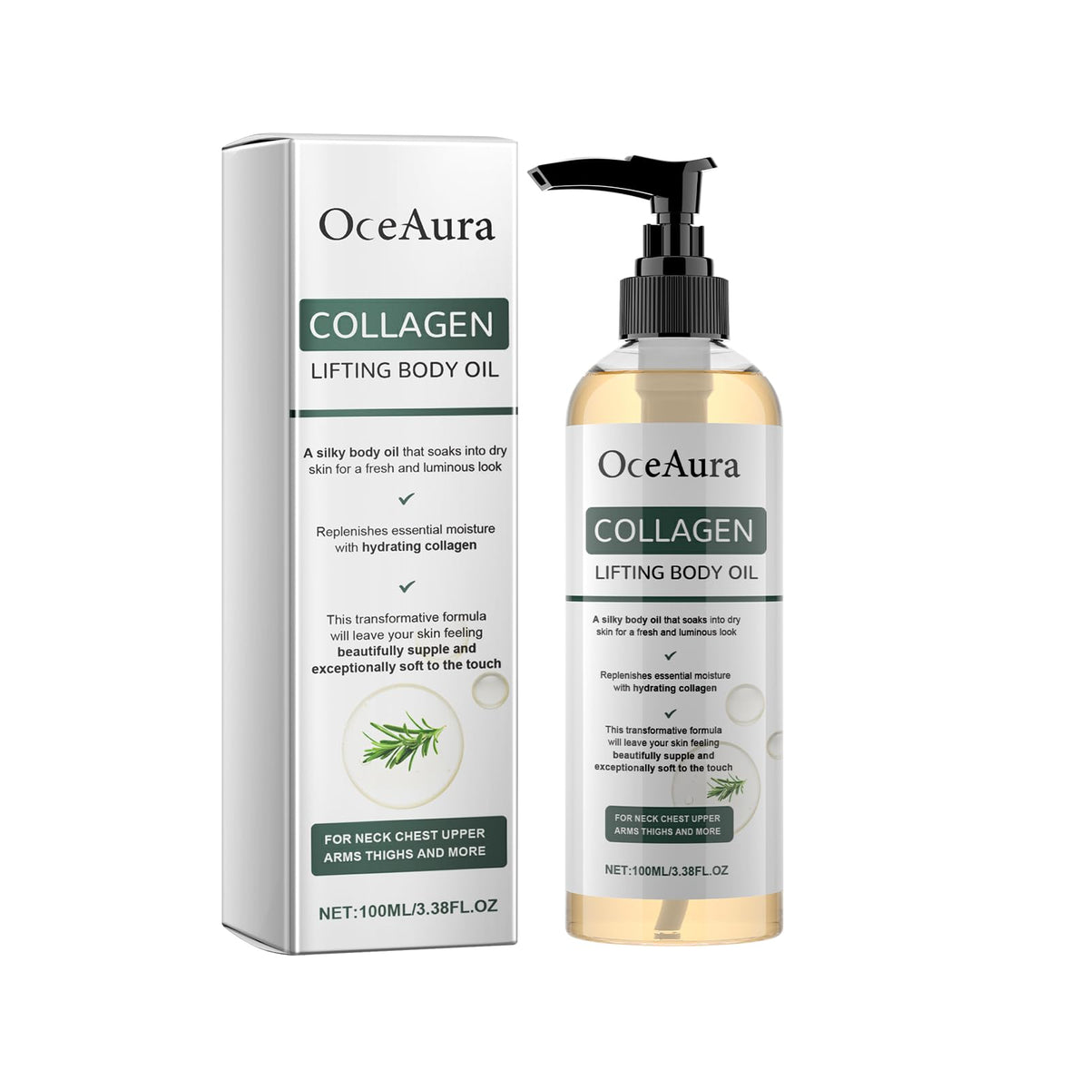 ARANYA front packaging showing collagen lifting body oil and pump for easy dosing