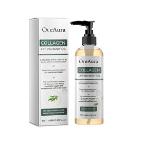 ARANYA front packaging showing collagen lifting body oil and pump for easy dosing
